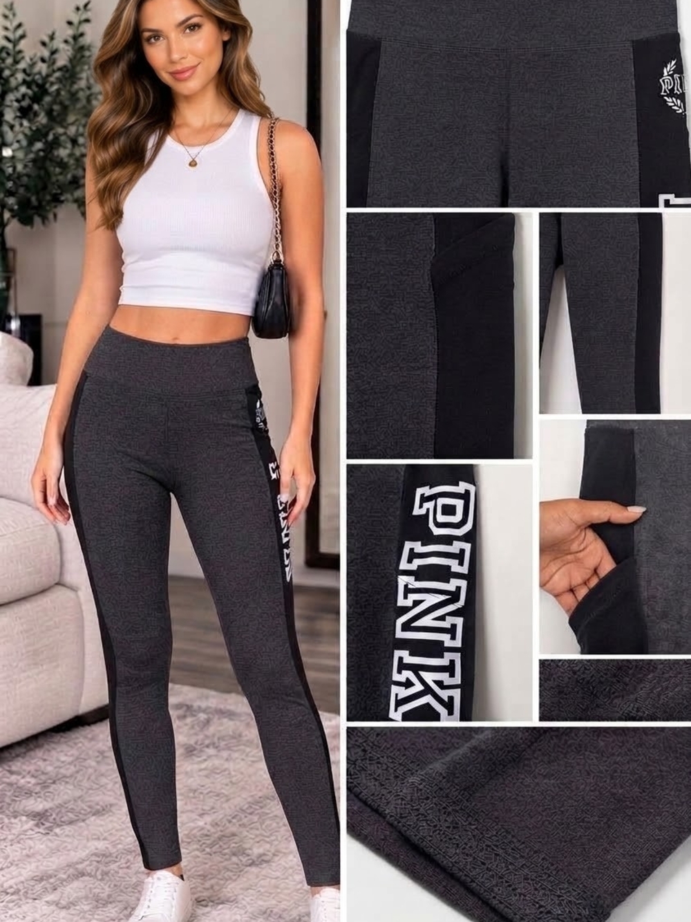 PINK Victoria's Secret Black Gray Yoga Workout Leggings Athletic Gym Activewear